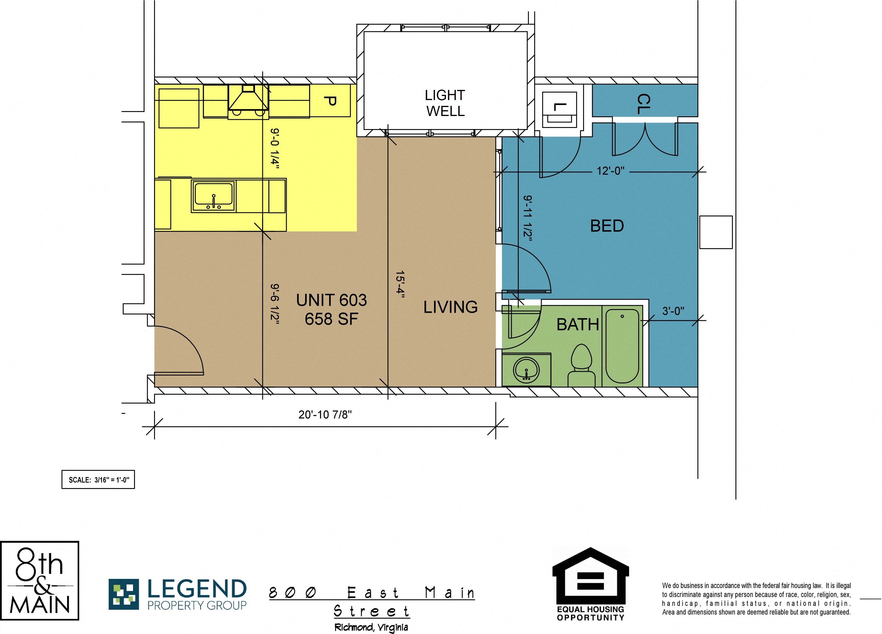 Floor plan for 1 bed, 1 bath, 658 sqft